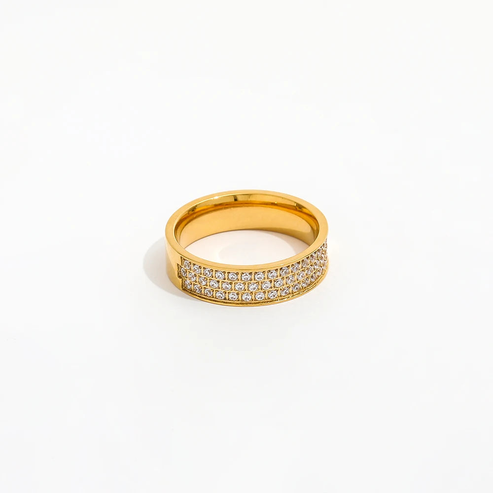 High End 18K Plain Gold Three Layer Micro Half Pave Ring Stainless Steel Trendy Simple Gold Plated Jewelry