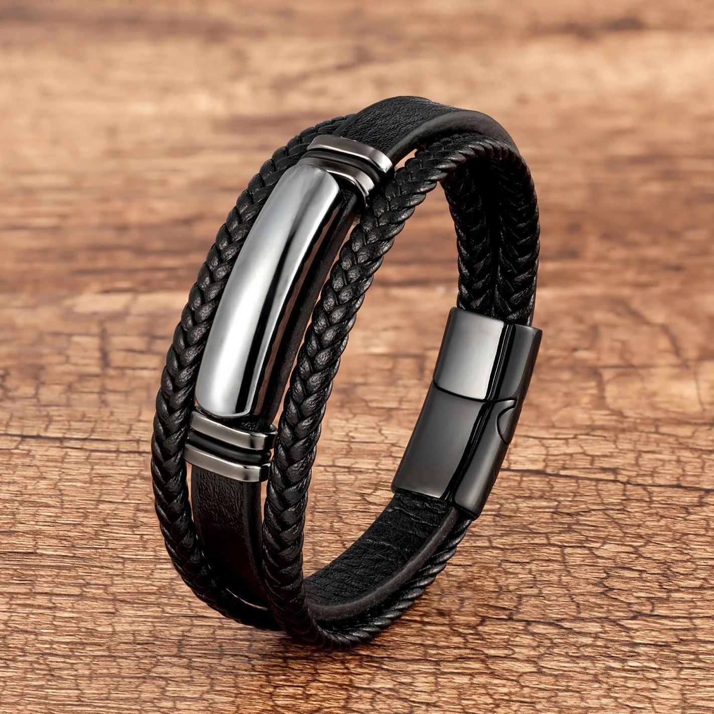 New Design High Quality Custom Logo Stainless Steel Magnet Clasp Stone Vintage Genuine Leather Bracelet Men SL-388