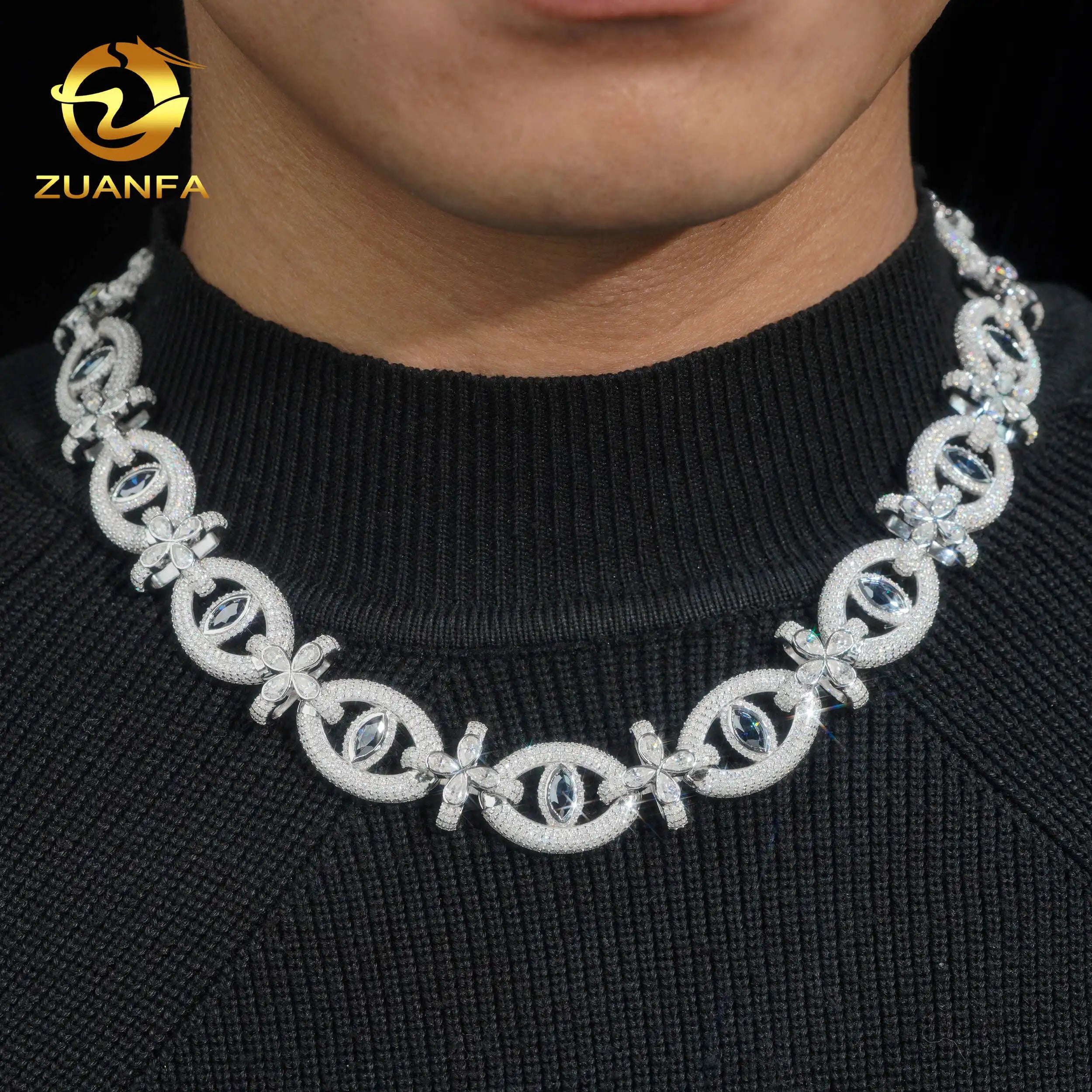 New Hip-Hop Style Devil's Eye Design 925 Sterling Silver Moissanite Diamond Cuban Link Chain Necklace