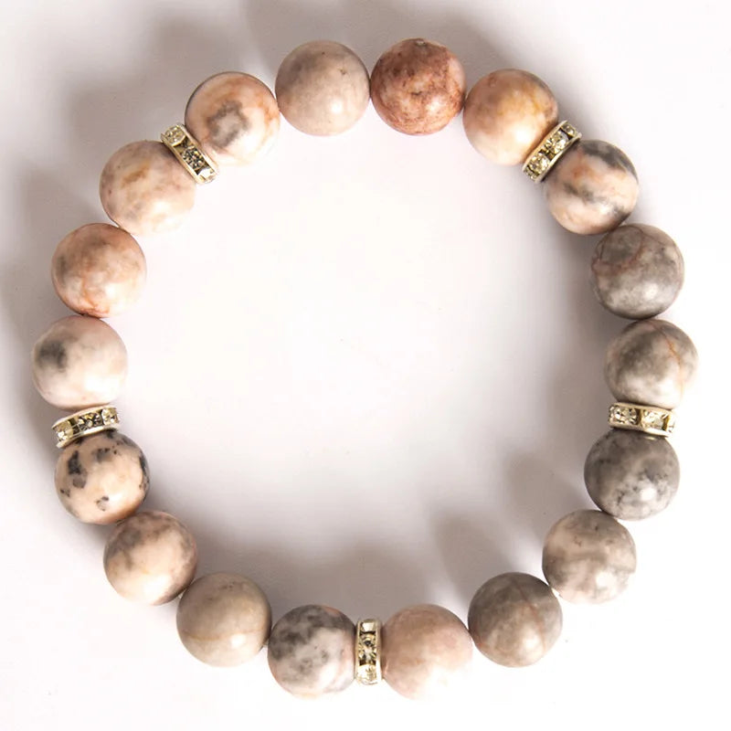 Fashion 10MM Diamond Ring Pink Zebra Stone Handmade Beaded Stretch Rope Bracelet Wholesale