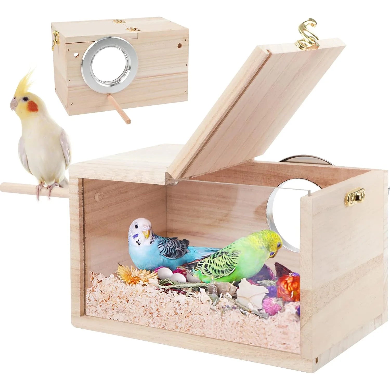 Handcrafted Modern Style Pine Wooden Bird Nesting Box Acrylic Transparent Cockatiel Breeding House with Animal Pattern
