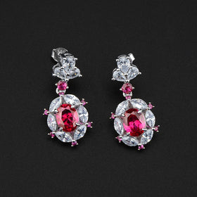 Luxury Long Earring Initial ZIRCON Ruby Gemstone Oval Cut Claw Setting Shiny Design 925 Sterling Silver Pendant Earrings