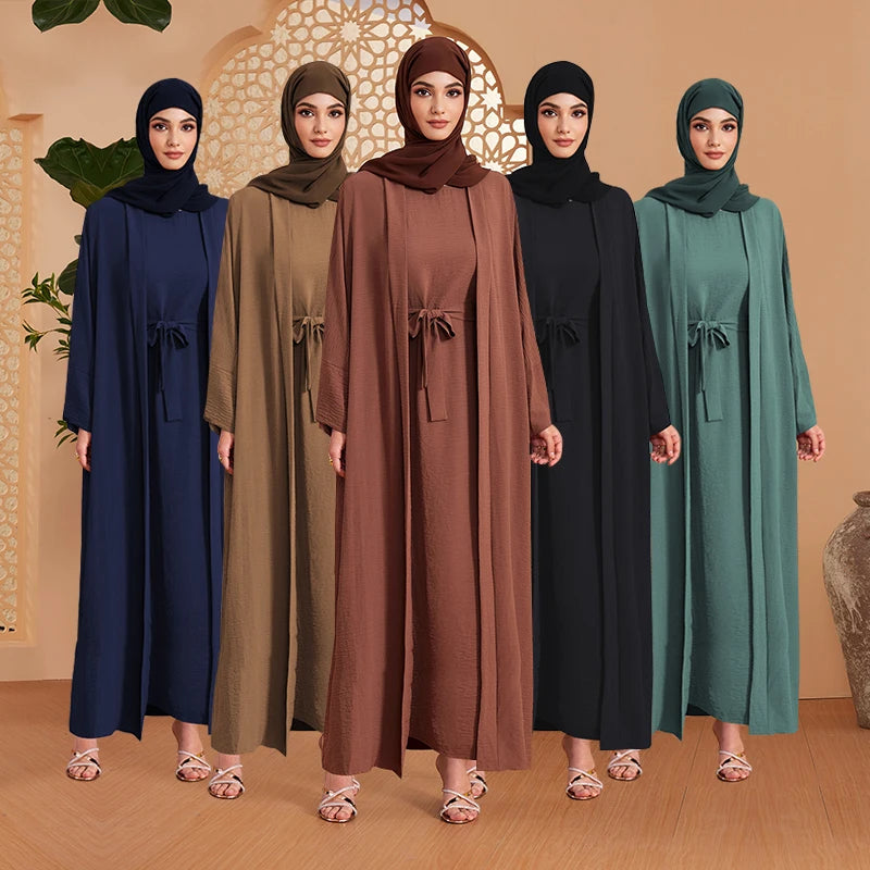 Wholesale Arab Women Open Abaya Dubai Muslim Dress Set Islamic Clothing Turkish Palestine 2 Piece Abaya Set MegaBDM