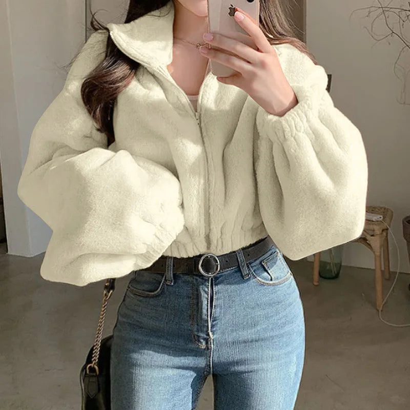 Guangzhou Auyan Woman Cashmere Zipper Cardigan Winter Chic Casual Lapel Fur Warm Coat