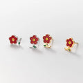 Fashion 925 Sterling Silver Small Red Flower Shape Gold Plated Ear Stud Earrings Cute Jewelry for Women Girls