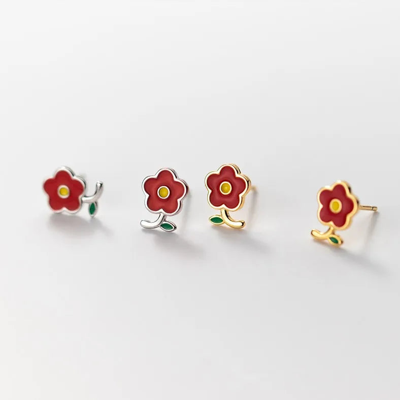 Fashion 925 Sterling Silver Small Red Flower Shape Gold Plated Ear Stud Earrings Cute Jewelry for Women Girls