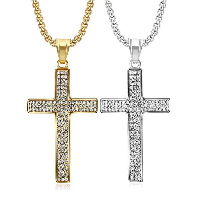 Men's and Women's Dainty Silver Moissanite Pendant Necklace VVS Diamond Cross Gold Plated Stainless Steel Punk Style Jewelry