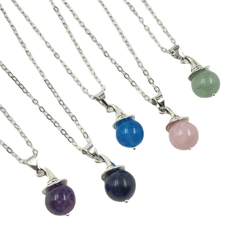 Natural Crystal Witch Pendant Necklace 18" Chain for Women Men Magic Pointed Hat Christmas Jade Accessories