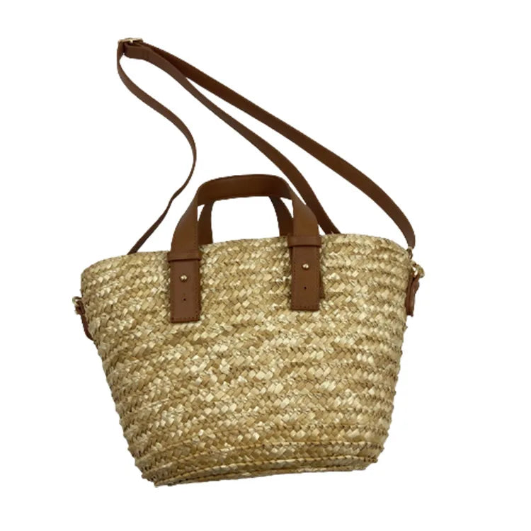 Wholesale Fashion Large Capacity Women's Summer Beach Tote Bag Wheat Straw Woven Two Leather Handles Wholesale Fashion Supplier