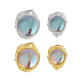 Dainty Unique 925 Sterling Silver Irregular Surface Bezel Setting Round Moonstone Stud Earrings for Women