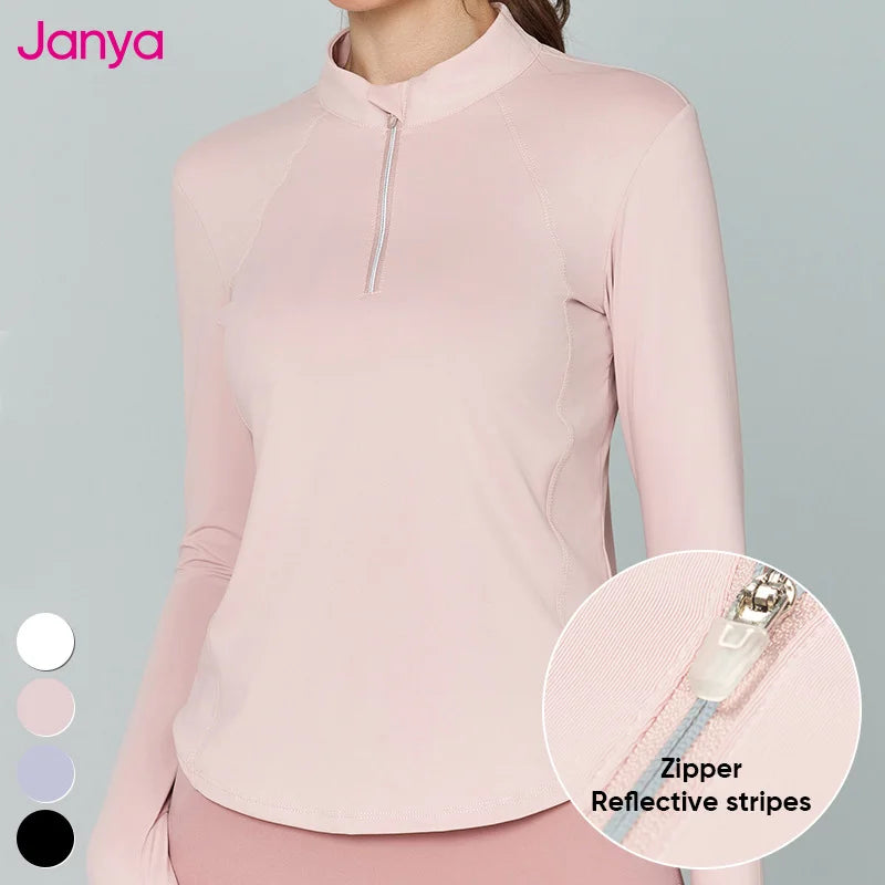 Zipper Reflector Stripes Stand up Collar Workout Tops Half Zip Thumb Hole Long Sleeve Gym Fitness T Shirts Yoga Shirt for Women