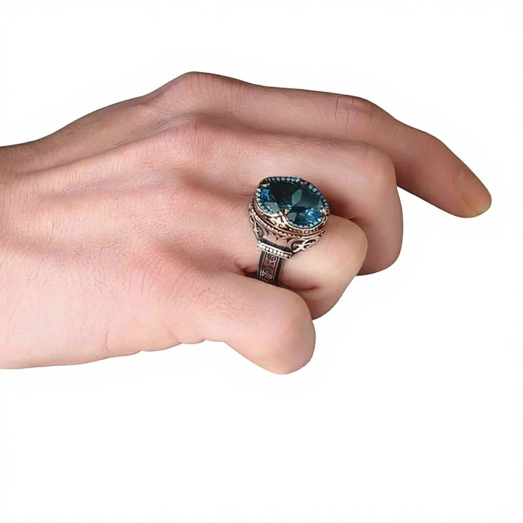 Turkish 925 Sterling Silver Men's Ottoman Style Ring with Natural Agate Stone Azuris Model VALKH1247