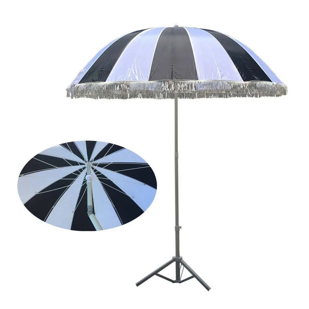 2020 Luxury 48-inch Beach Umbrella Black and White Standard Size with Tassels and Tilt New Design