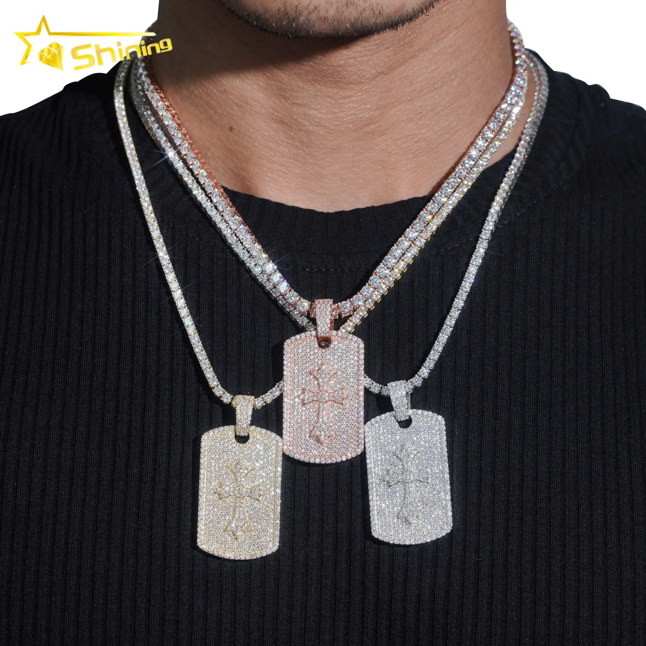 Hot Sale RTS Cross Tag Charm Necklace 925 Sterling Silver VVS  Moissanite Pendant Iced Out Diamond Pendant Fine Jewelry