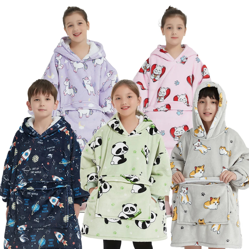 Wholesale Kids Sherpa Wearable Blanket Unisex Warm Fleece Blanket Hoodie Oversized Children Sleeved Hooded Blanket Manufacturer