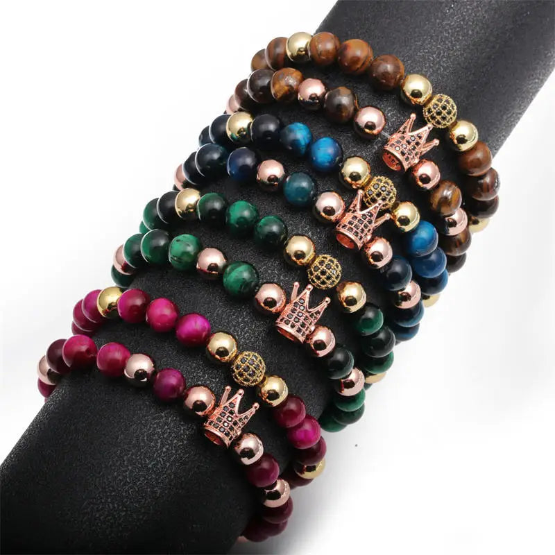 Fashion Brass Bead Imperial Crown Bracelet Cubic Zirconia Tiger Eye Micro Pave CZ Elastic Band Natural Bracelet Fashion Jewelry