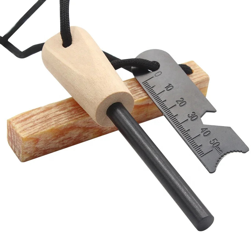 5/16inch Camping Survival Gear Premium Wood Handle Firesteel Fire Flint with Fatwood Tinder
