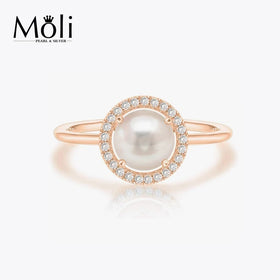 Hot Sale Women's Flower Style Rose Gold Plating Sterling Silver Freshwater 8-9mm White Real Round Pearl Gemstone Ring