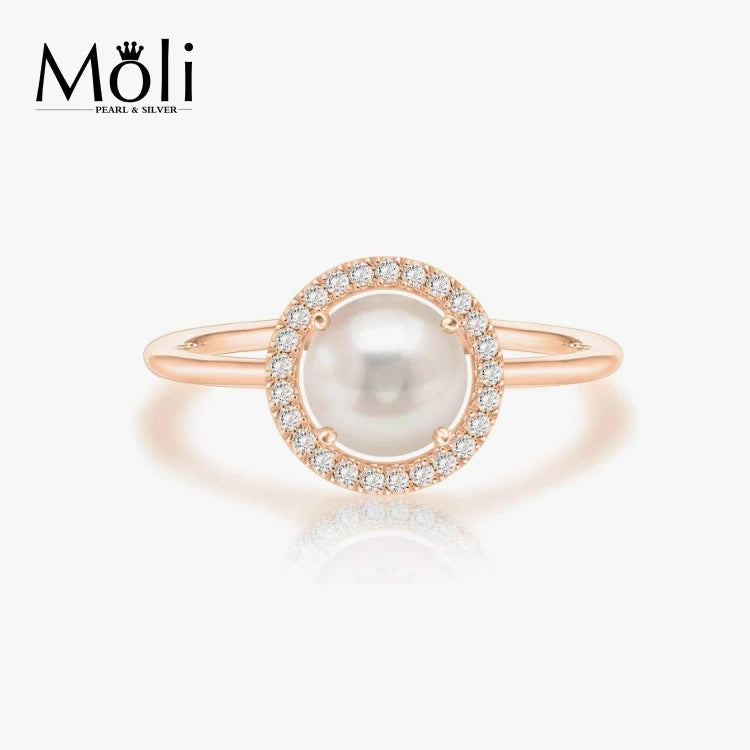 Hot Sale Women's Flower Style Rose Gold Plating Sterling Silver Freshwater 8-9mm White Real Round Pearl Gemstone Ring