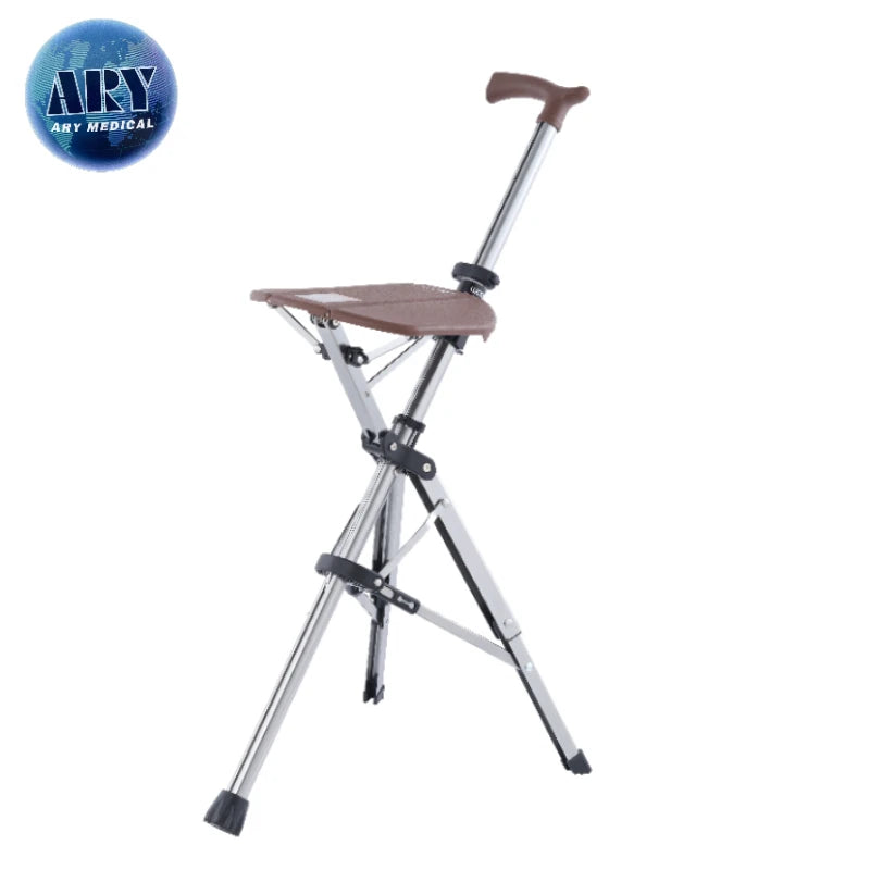 Adjustable Aluminum Telescopic Folding Cane Three-Leg Walking Stick Chair Seat Stool for Elderly Disabled Rehabilitation Crutch