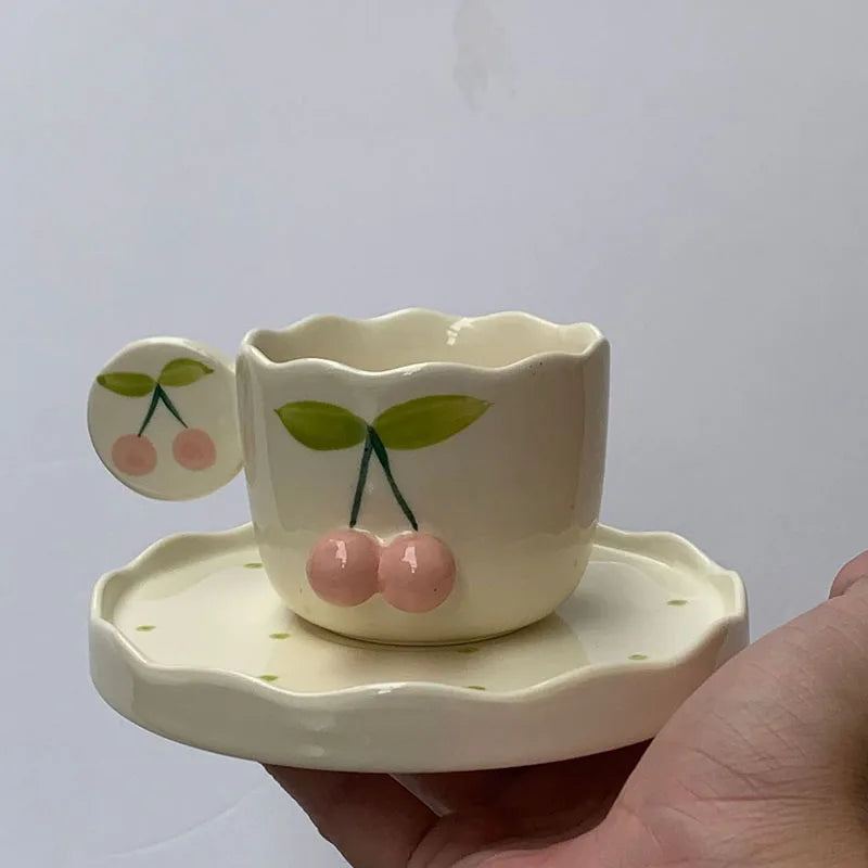 Simple Hand-painted Cherry Custom Coffee Cup with Saucer Ceramics Set Three-dimensional Shape Cute Afternoon Tea Cup