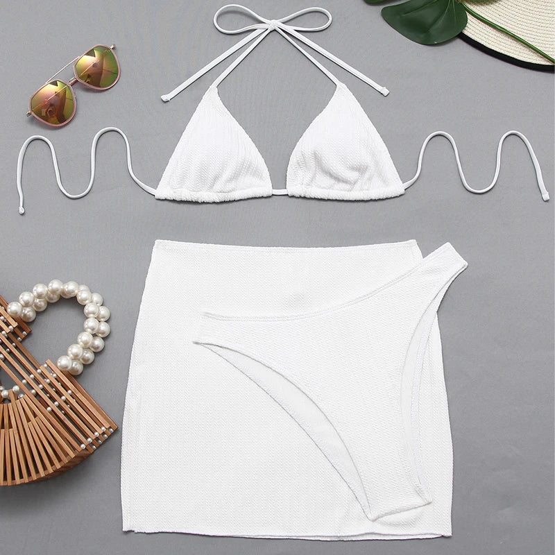 Custom Fitness Swimwear Beachwear Crystal Eco-Friendly Tie Solid Swimsuit Cover Dress 3 Piece Set Womens String Triangle Bikini