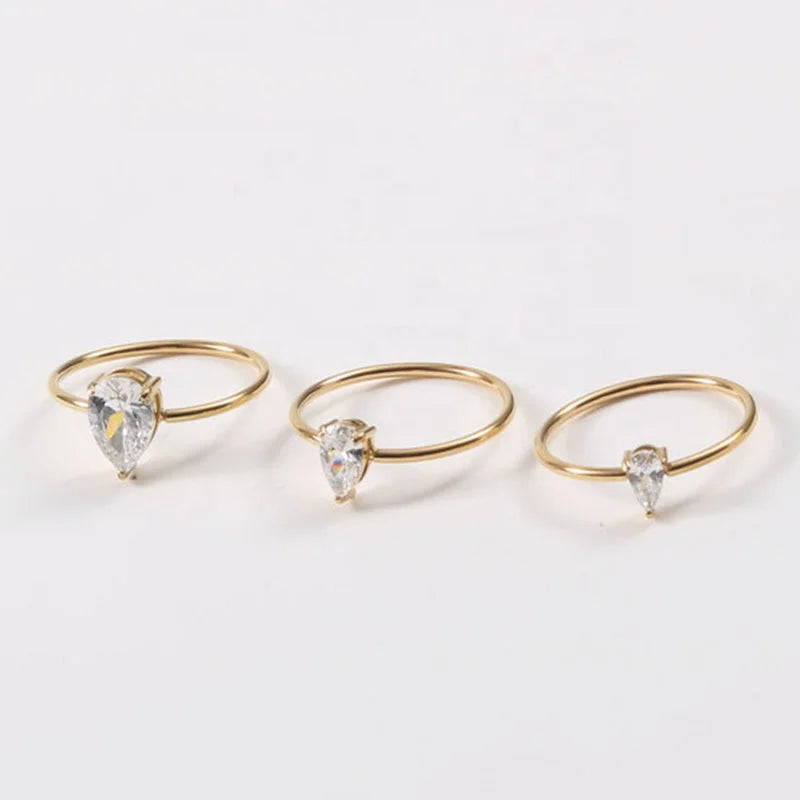 Ins Style Minimalist Jewelry Simple Thin Stainless Steel Water Drop One CZ Stone Thin Dainty Ring for Girls