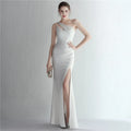 Custom Sexy Party Prom Wedding Dresses Empire Waist Chiffon Sequined Ruffles One Shoulder Straight Ankle-Length Dress for Women