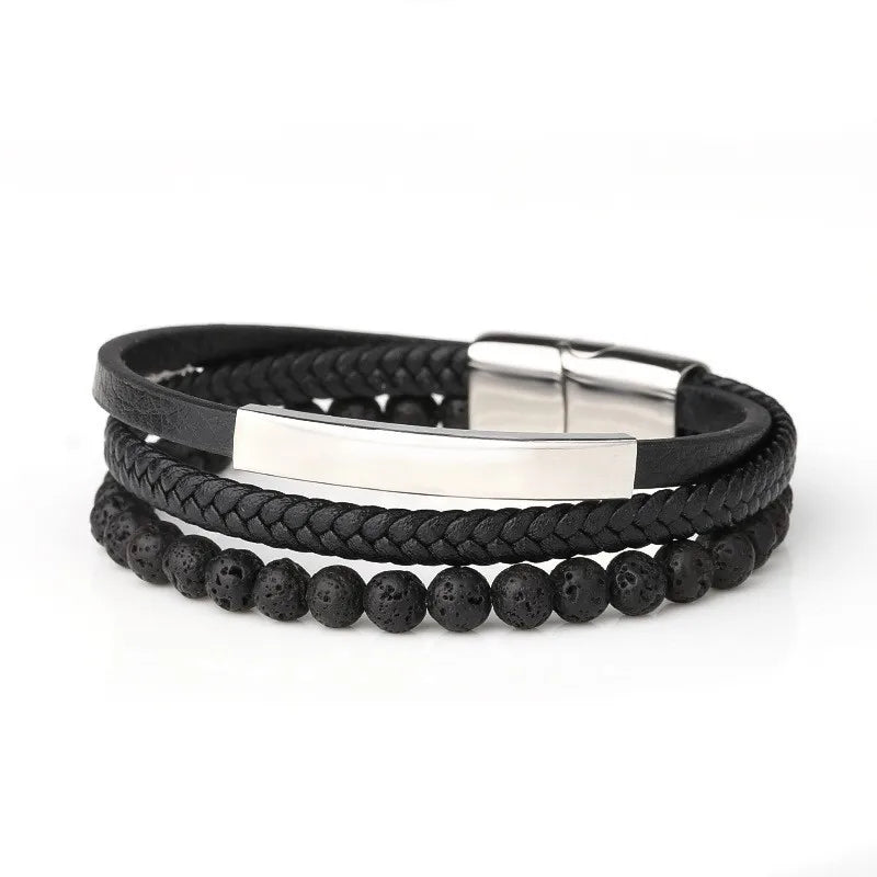 Hot Magnetic Clasp Black Lava Stone Bead Titanium Braided Genuine Leather Bracelet Men