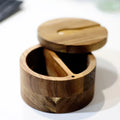 2 Compartment Kitchen Acacia Wood Totally Round Salt Cellar Wooden Storage Box with Magnetic Swivel Lid and Spoon