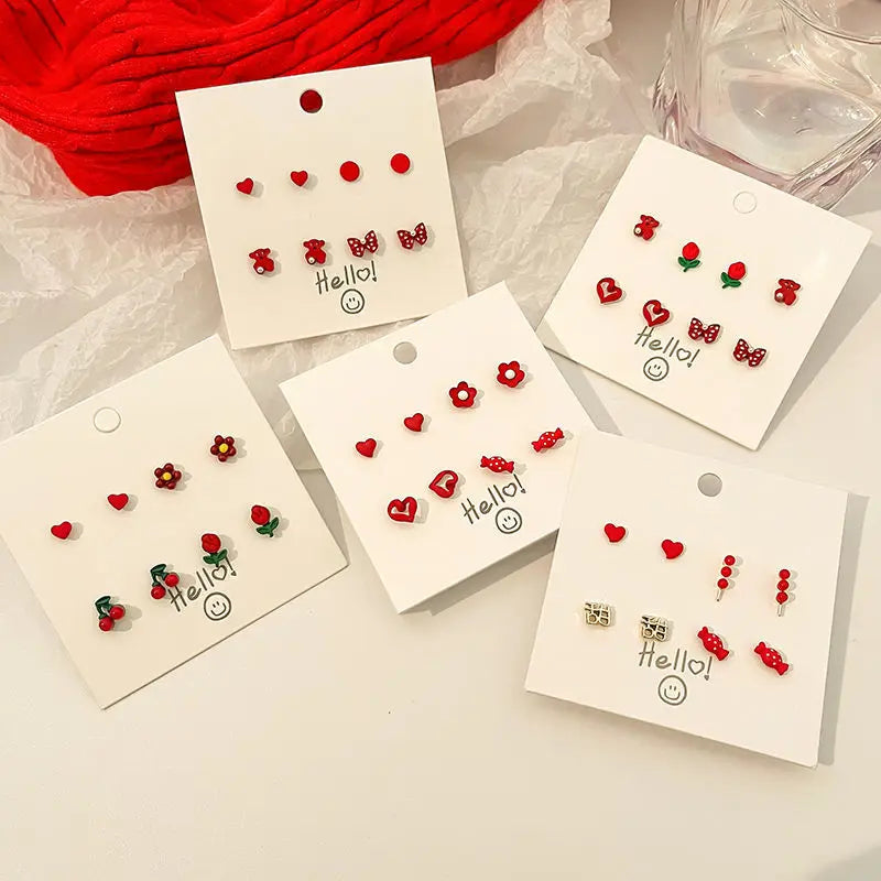Simple Temperament Sweet Cute Design Ear Studs Set Red Love Candy Flower Fruit Studs Earrings for Women
