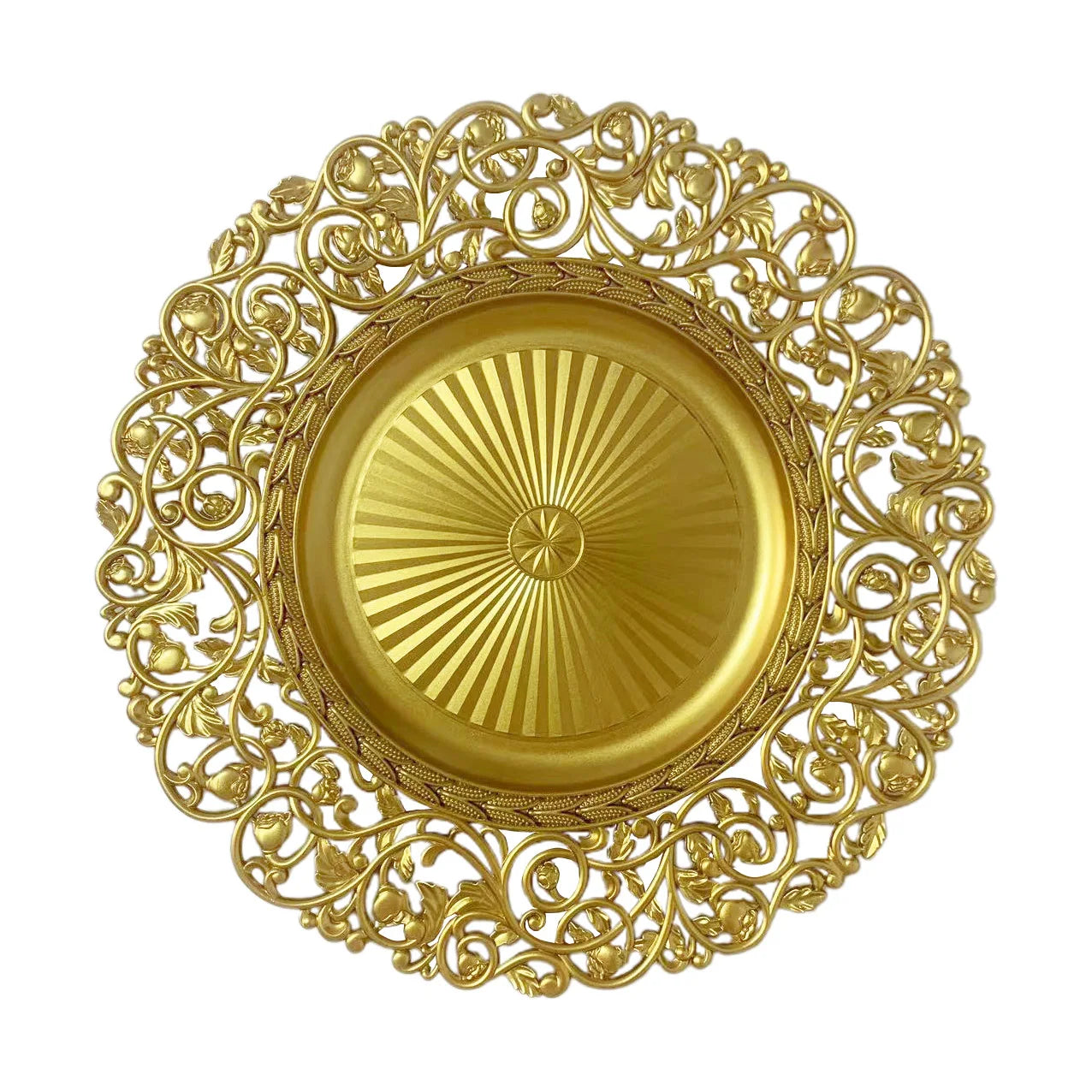 Eco-Friendly Golden Hard 13 Inch Plastic Charger Plates Ornate Floral Filigree Edged for Parties-Minimum Order 100pcs