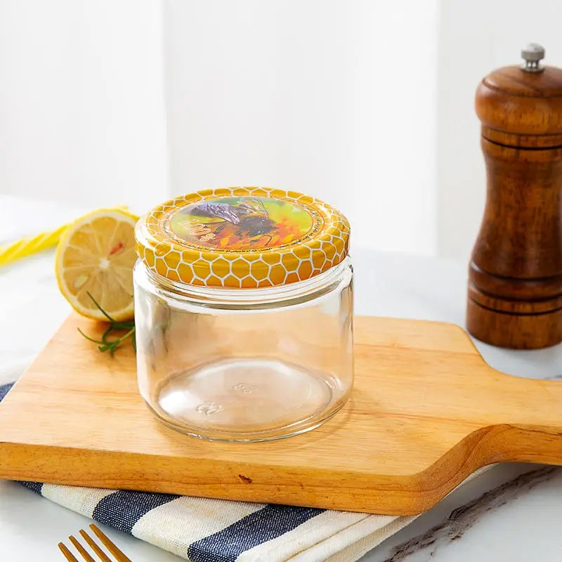 Supplier 350 ml 12 oz Salsa Empty Clear Round Jam Spice Honey Glass Food Storage Jar with Gold Metal Twist Off Lug Lids