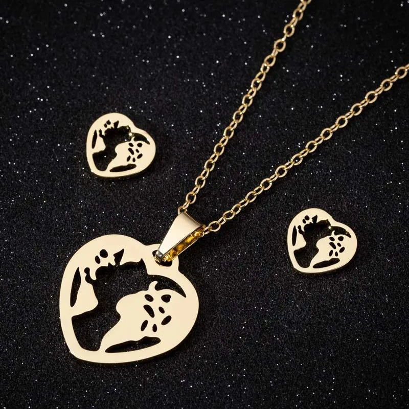 Fashion PVD Plated Silver 18K Gold Stainless Steel Women Heart Shaped World Map Pendant Earring Necklace Jewelry Set