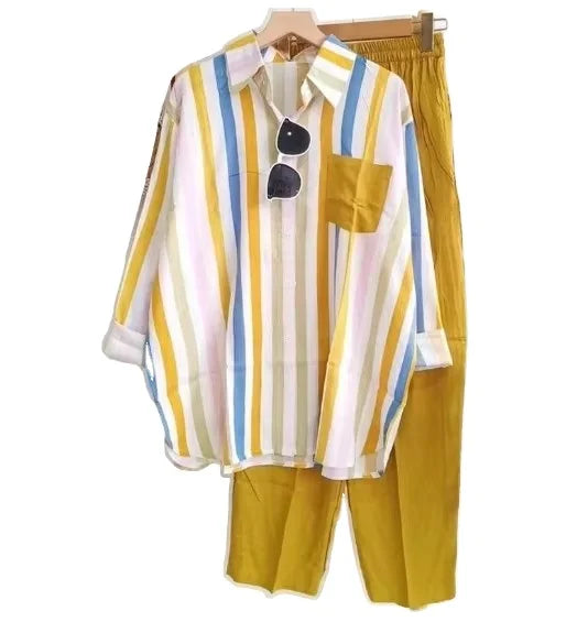 S-5XL Spring and Autumn Fashion Stripe Two Piece Set for Women's Long Sleeve Cardigan Top Casual Pants 2 Piece Set