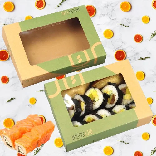 Eco-friendly Sushi Box with Window Custom Kraft Paper Food Packaging UV Advantage Transparent Stamping Foil for Cookie Dessert