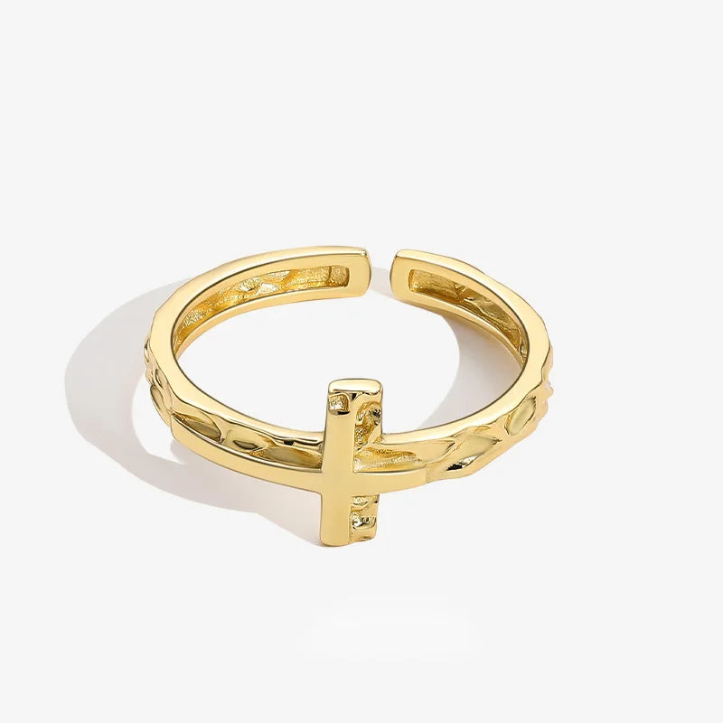 New Design Trendy 925 Sterling Silver Irregular Fold Texture Cross Ring for Women