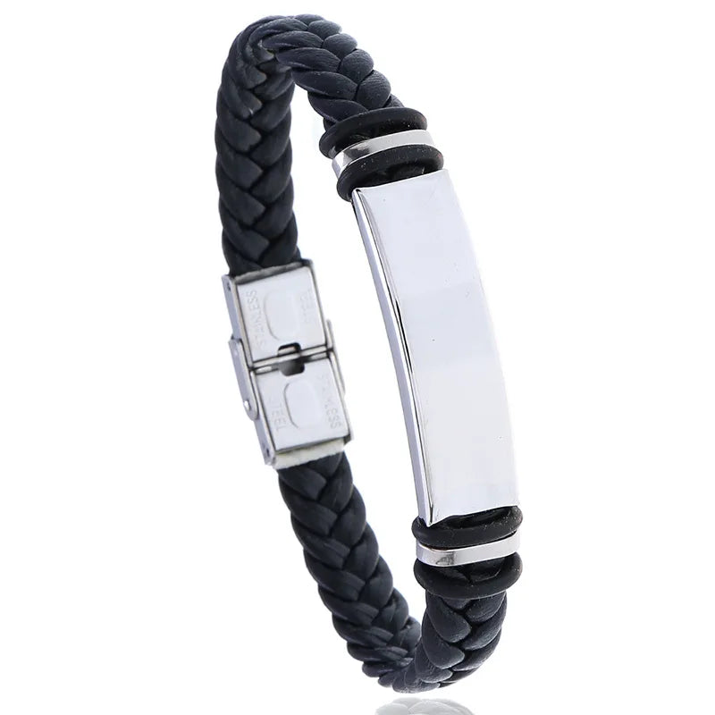 Hot Selling Simple Jewelry Custom Engrave Blank Stainless Steel Braided Black Pu Leather Bracelet for Men