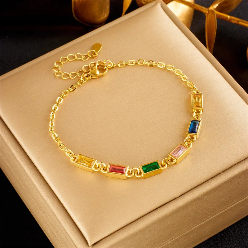 Nabest Trendy Gold-Plated Stainless Steel Rectangle Bracelet for Women Waterproof Jewelry with Colorful CZ Pave Gift