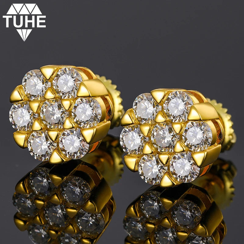 Hot Sale Fashion 18K Gold Plated 925 Sterling Silver VVS Moissanite Diamond Honeycomb Screw Back Stud Earrings for Men