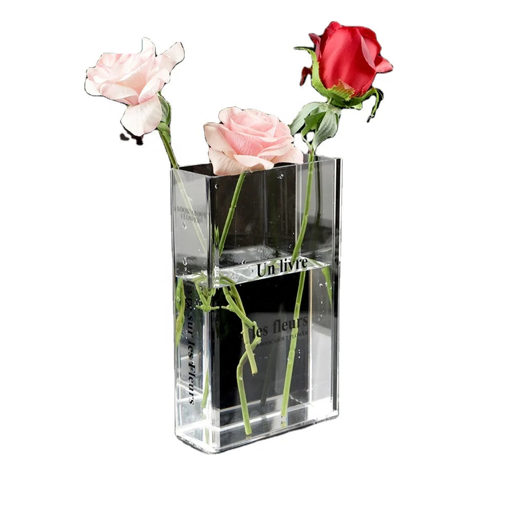 Factory Hot Selling High-quality Acrylic Book Shaped Flower Box with Pure Transparent and Silk Screen Printing Custom Flower Box