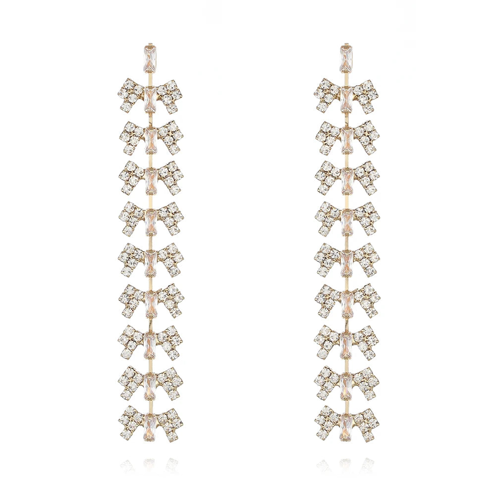 Women's Long Hanging Gold Geometric Shape Crystal Rhinestone Tassel Drop Earrings Fashionable Wedding Jewelry