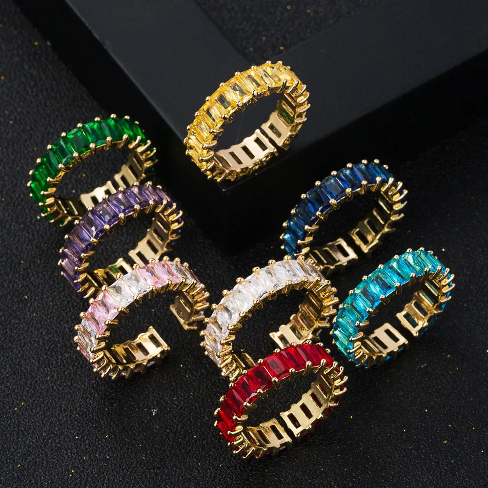 New Rectangular Cubic Zirconia Ring Hollow Open Adjustable Colorful Rainbow Gemstone Ring for Women