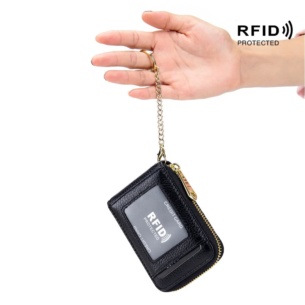 Genuine Leather Kpop Keychain Card Holder RFID Blocking Functional Wallet Card Holder Keychain Small Id Card Holder With Keyring