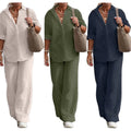 Women's Summer Two-Piece Set Long Sleeve Knitting Shirt & Casual Solid Wide-Leg Pants Short Length Top