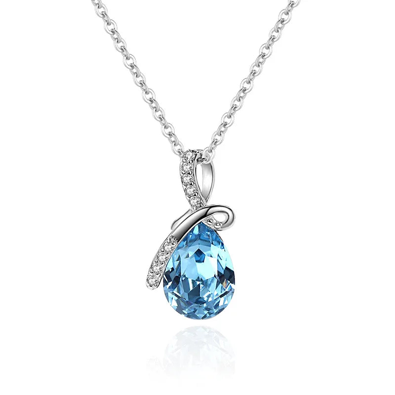 925 Sterling Silver Elegant Teardrop Shaped Ribbon Bule Cubic Zirconia Necklace