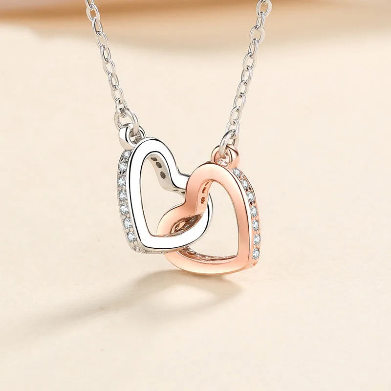 Halskette Silber  Tiny Gold Heart Necklace Heart Interlocking   Halskette 925 Silver Double-heart Clavicle Necklace