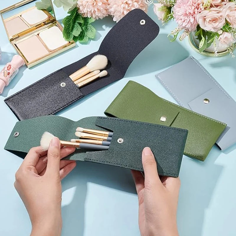 Portable Makeup Brush Holders Travel Makeup Brush Case PU Leather Cosmetic Brush Protection Bag with Iron Snap