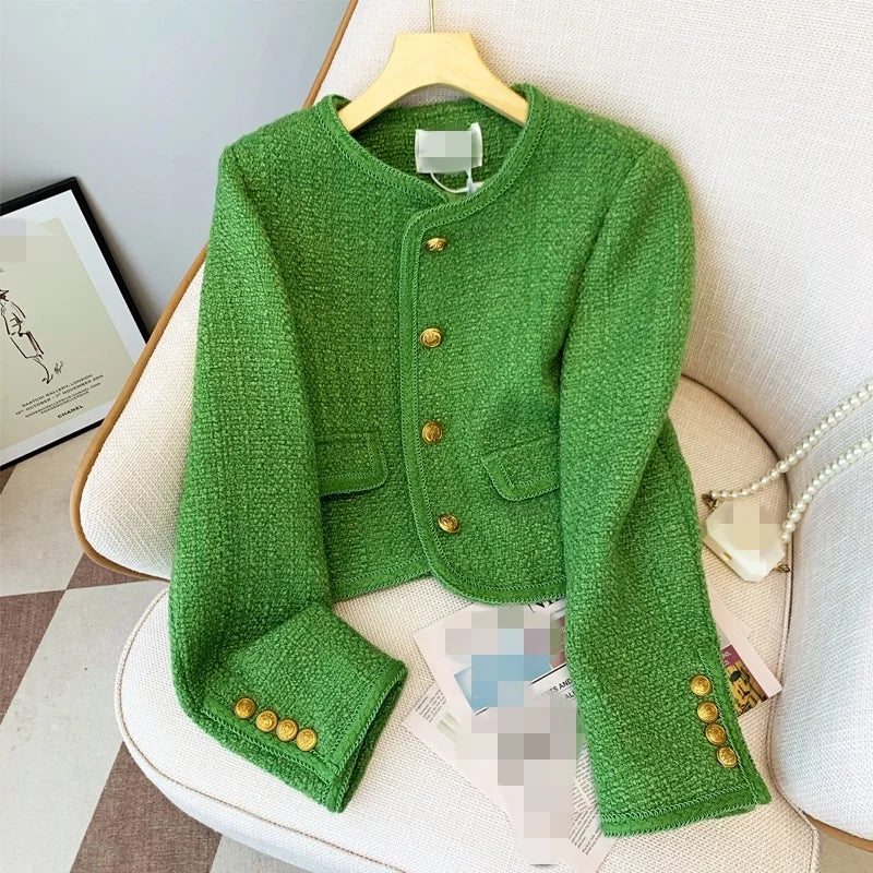 Elegant Women's  Early Autumn New High Grade Green Fragrant Coat Women's Temperament Short Top Coat