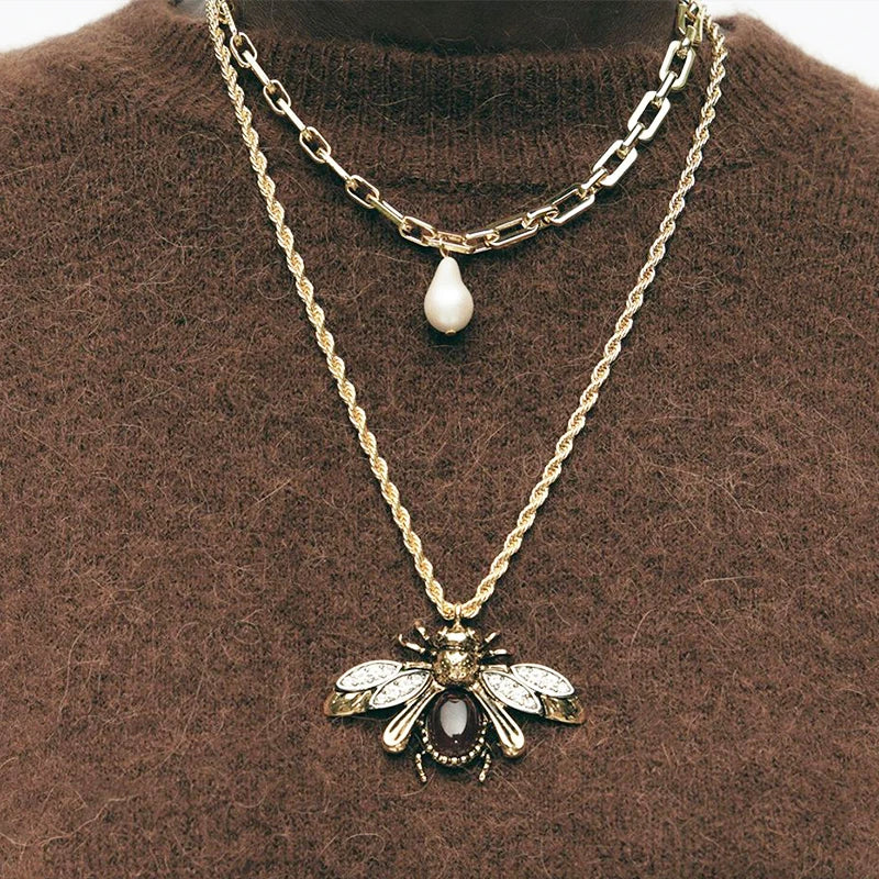 2025 New Arrival Bohemian Multi-layer Pearl and Micro Inlaid Zircon Animal Pendant Necklace Vintage Women Bee Dangle Necklaces